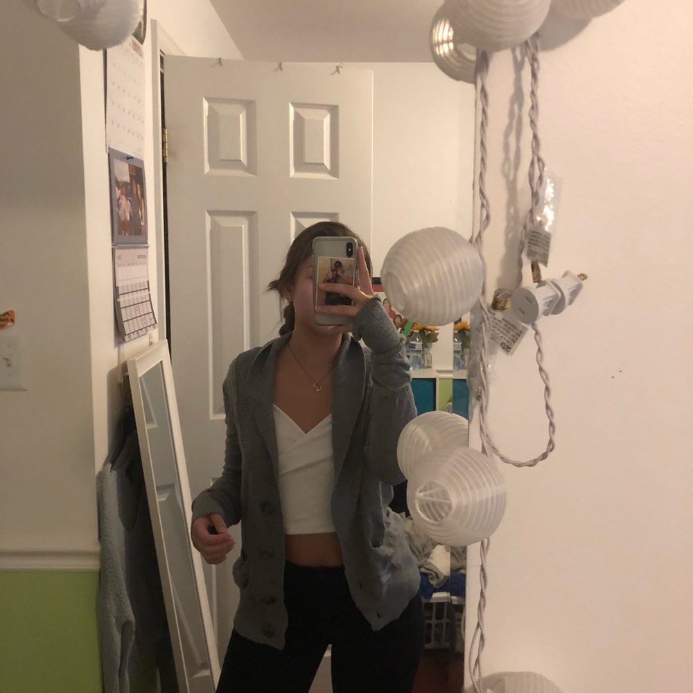 grey cardigan
